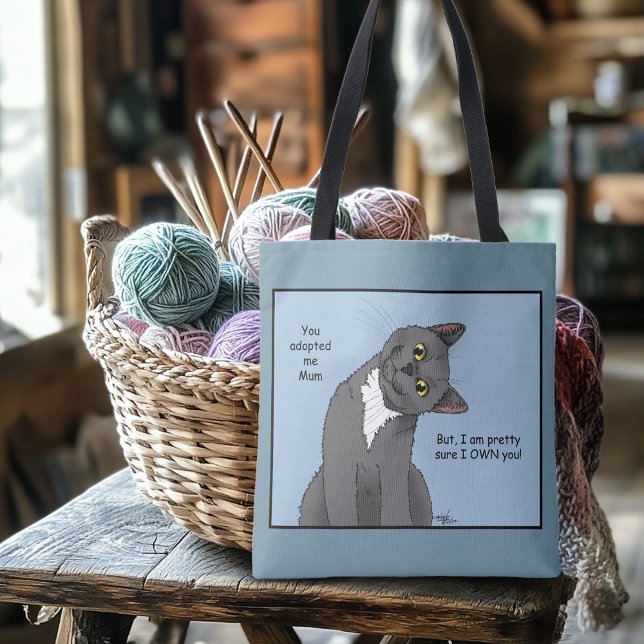 Funny Cat Mother’s Day Grey Cat Blue Tote Bag (Creator Uploaded)