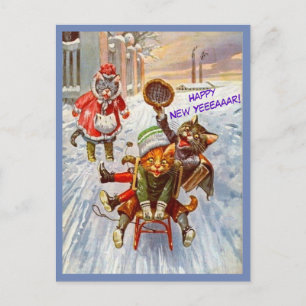 Funny Cat New Year Postcard Vintage Cats on Sled