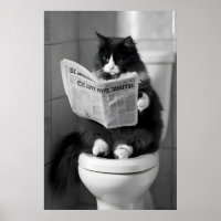 Funny Cat Newspaper Print, Whimsical Bathroom Wall