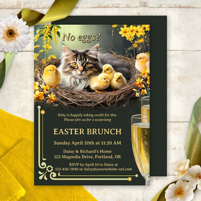 Funny Cat No Eggs Easter Bubbles and Brunch Invitation (Funny Bubbles & Brunch Easter invitation featuring a cute kitty taking care of baby chicks)