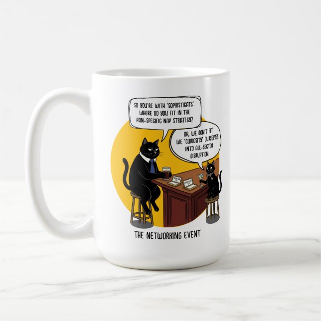 Funny Cat Office Humour Networking Event Meme Gift Coffee Mug (Left)