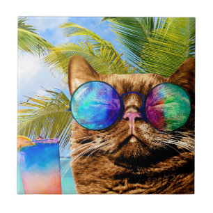 Funny Cat on Beach 675 Ceramic Tile