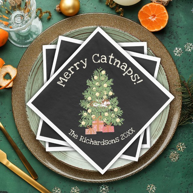 Funny Cat on Chistmas Tree Merry Catnaps! Black Napkin (Creator Uploaded)