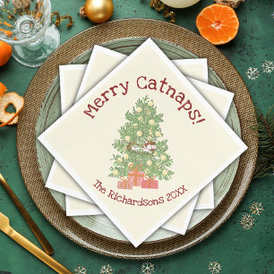 Funny Cat on Chistmas Tree Merry Catnaps! Cream Napkin