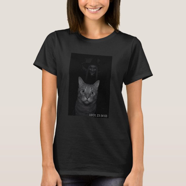 Funny Cat On Security Camera with Witch Halloween T-Shirt (Front)