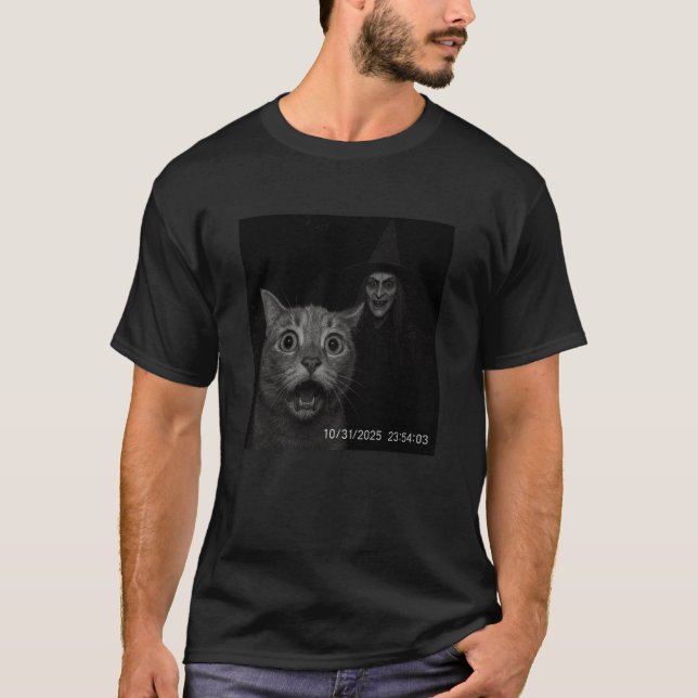 Funny Cat On Security Camera with Witch Halloween  T-Shirt (Front)