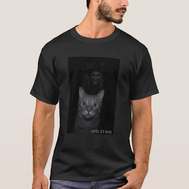 Funny Cat On Security Camera with Witch Halloween T-Shirt (Front)