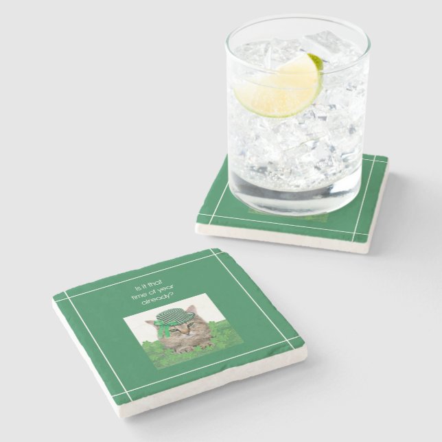 Funny Cat on St. Patrick’s Day Stone Coaster (Side)