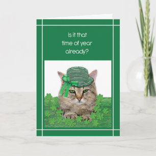 Funny Cat on St. Patrick’s Day with Green Hat Tie Card