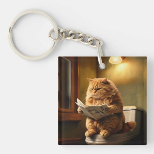 Funny Cat on Toilet Quirky Bathroom Humour Key Ring