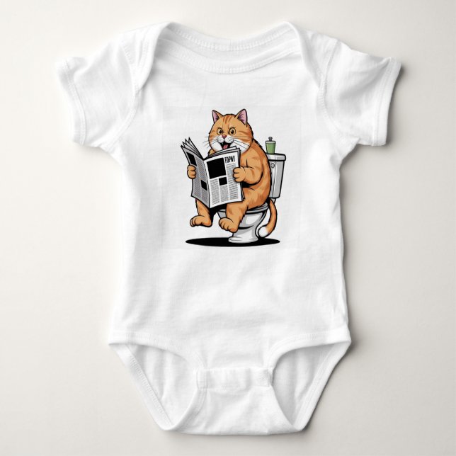 Funny Cat on Toilet T-Shirt – Hilarious Orange Tab Baby Bodysuit (Front)