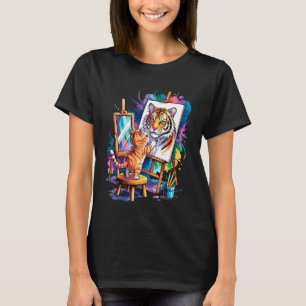 Funny Cat Painter Painting Tiger Portrait Art & Ca T-Shirt