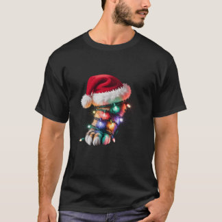 Funny Cat Paw Santa Hat Christmas Lights Women Men T-Shirt