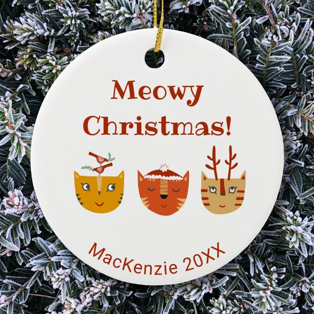 Funny Cat Personalised Christmas Ceramic Ornament (Meowy Christmas personalized funny cat ceramic ornament)
