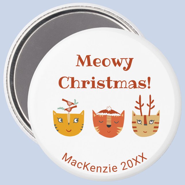 Funny Cat Personalised Christmas Magnet (Fun kitty cat Meowy Christmas personalized name year magnet)