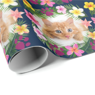 Funny Cat Photo Navy Blue Tropical Hawaiian Wrapping Paper