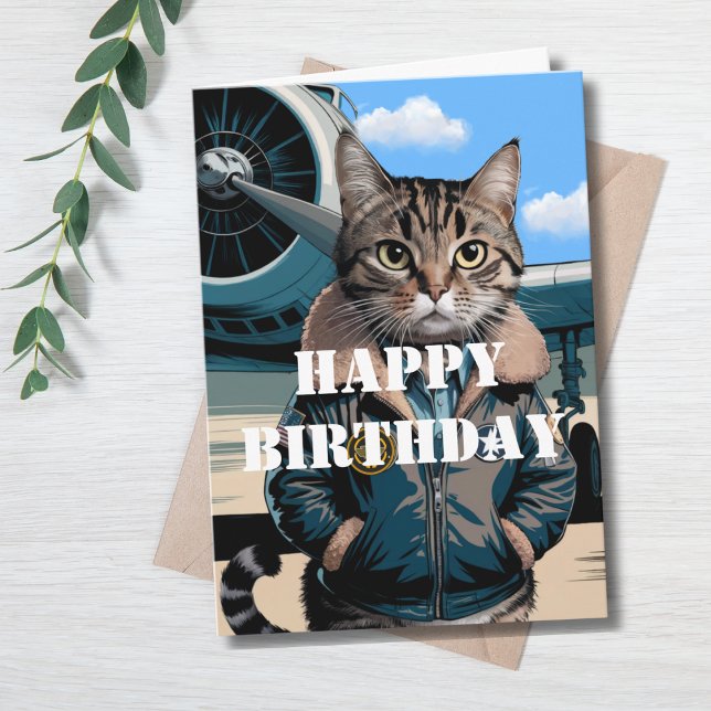 Funny Cat Pilot & Aeroplane, Cool Aviation Birthda Card (Creator Uploaded)