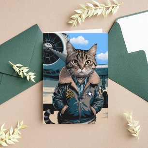 Funny Cat Pilot & Aeroplane, Cool Aviation Birthda Card
