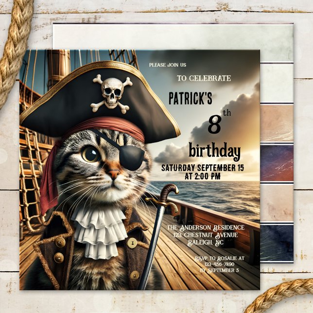 Funny Cat Pirate Birthday Invitation (A funny birthday party invitation  for children featuring a pirate cat on a clipper)