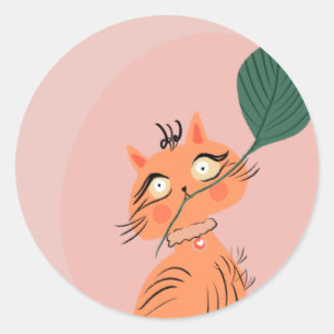 Funny Cat Plant Leaf Cartoon Classic Round Sticker