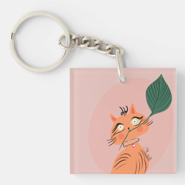  Funny Cat Plant Leaf Cartoon  Key Ring (Front)