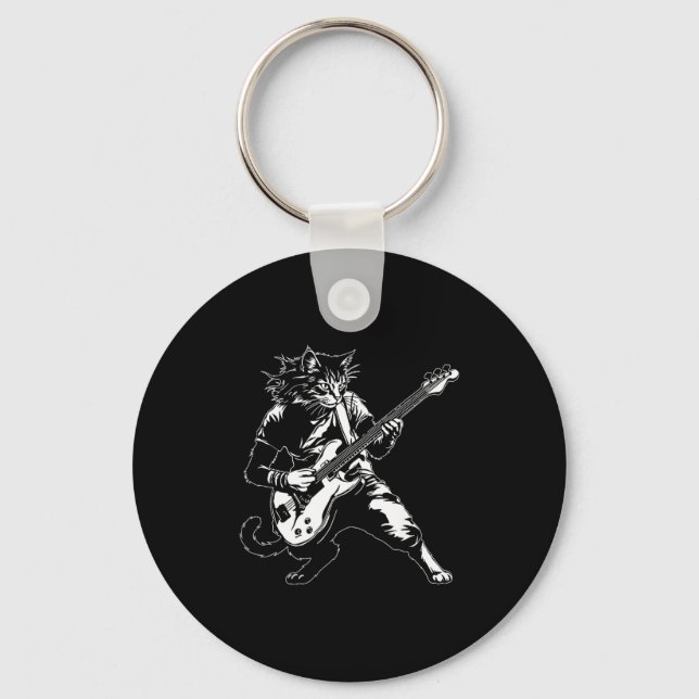 Funny Cat Playing B Guitar Rock Music Lover Musici Key Ring (Front)