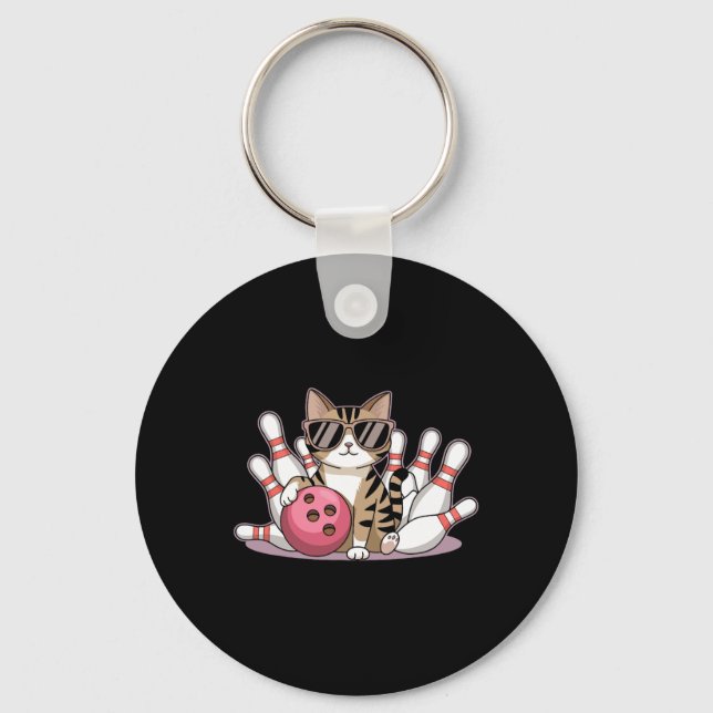 Funny Cat Playing Bowling Cool Cat With Sungles  Key Ring (Front)
