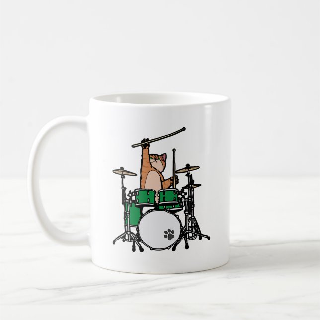 Funny Cat Playing Drums, Cat Drummer, Drummer Gift Coffee Mug (Left)