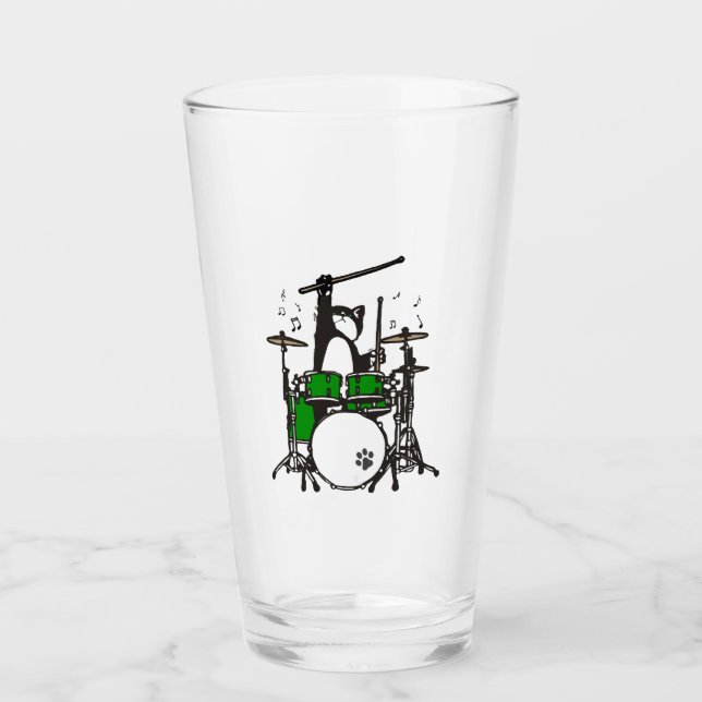 Funny Cat Playing Drums Glass (Front)