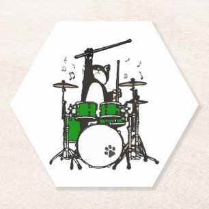 Funny Cat Playing Drums Paper Coaster