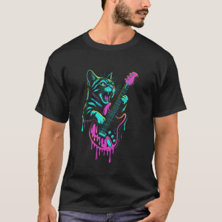 Funny Cat Playing Guitar Rock and Roll Drip Retro  T-Shirt