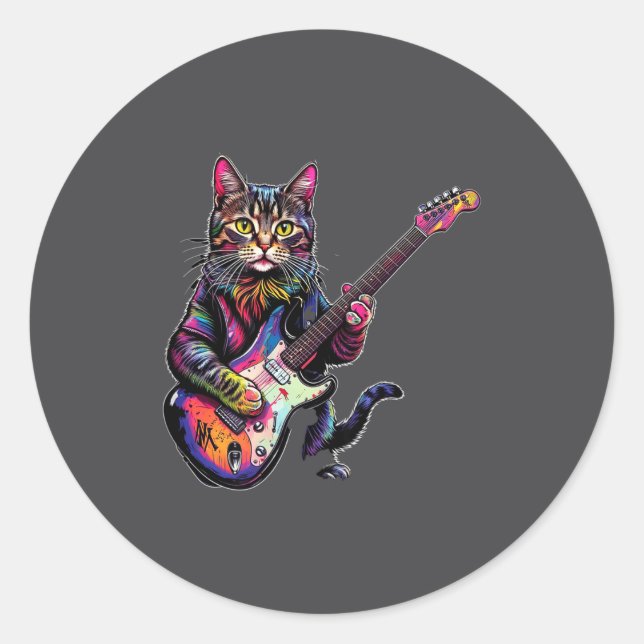 Funny Cat Playing Guitar Rock And Roll Men Women K Classic Round Sticker (Front)
