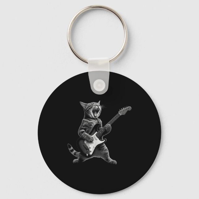 Funny Cat Playing Guitar Rock And Roll Men Women K Key Ring (Front)