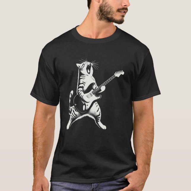 Funny Cat Playing Guitar T-Shirt (Front)