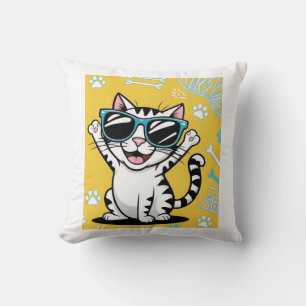 Funny Cat Poster, Cartoon cat wearing sunglasses Cushion