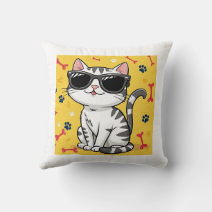 Funny Cat Poster, Cartoon cat wearing sunglasses Cushion