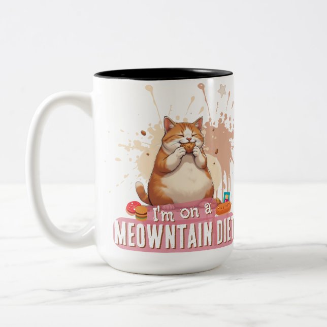 Funny Cat Pun Quote Cute Chubby Cat Food Humour Two-Tone Coffee Mug (Left)
