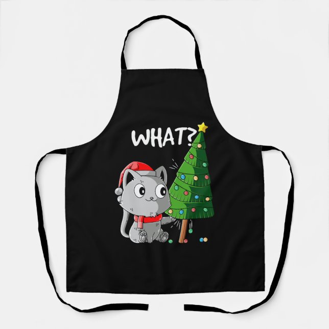 Funny Cat Pushing Christmas Tree Over Cat What Chr Apron (Front)