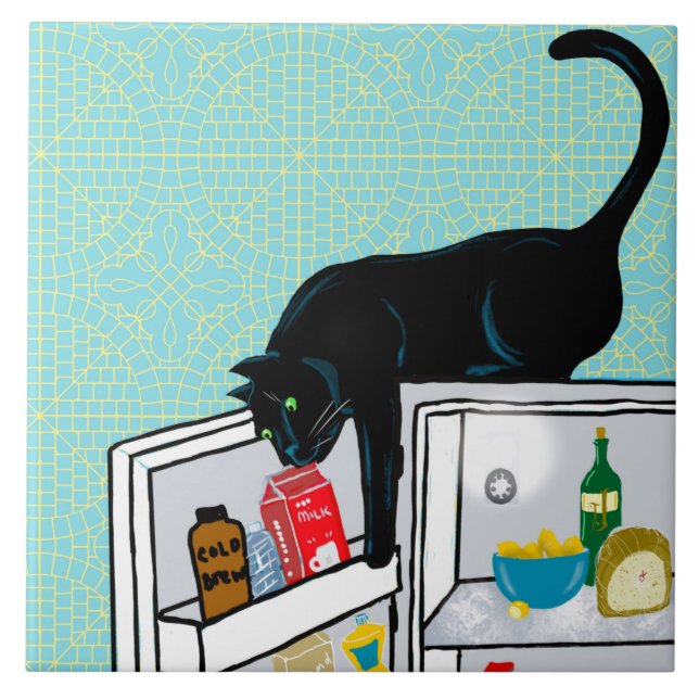 Funny Cat Raids Fridge Art  Ceramic Tile (Front)