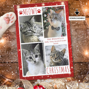 Funny Cat Red MEOWY CHRISTMAS 4 Photos Holiday Card