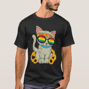 Funny Cat Retro Sunflower Rainbow Hippie  T-Shirt