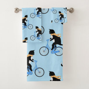 Funny Cat Riding Bicycle Personalised Blue Bath Towel Set