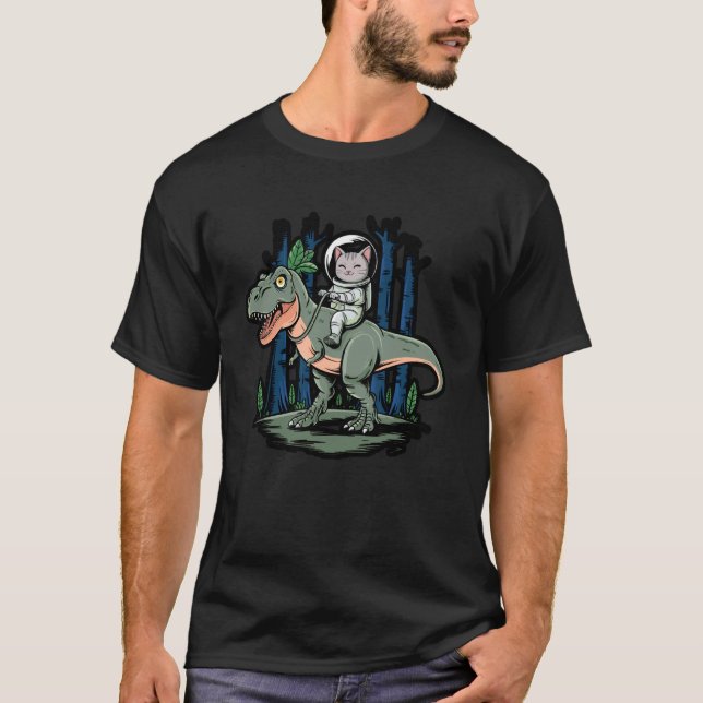 Funny Cat Riding Dinosaur T-Shirt (Front)