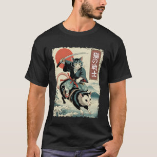 Funny Cat Riding Opossum Japanese Ukiyo-e Art Samu T-Shirt
