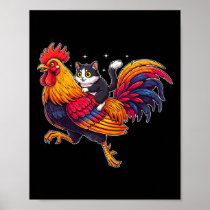 Funny Cat Riding Rooster Chicken Cute Farm Animal Poster