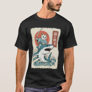 Funny Cat Riding Shark Japanese Ukiyo-e Art Samura T-Shirt