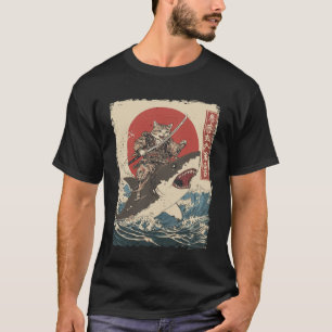 Funny Cat Riding Shark Japanese Ukiyo-e Art Samura T-Shirt