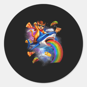 Funny cat riding shark rainbow pizza taco galaxy classic round sticker