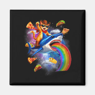 Funny cat riding shark rainbow pizza taco galaxy magnet