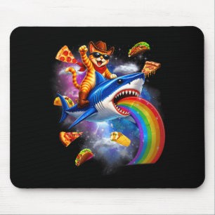 Funny cat riding shark rainbow pizza taco galaxy mouse pad